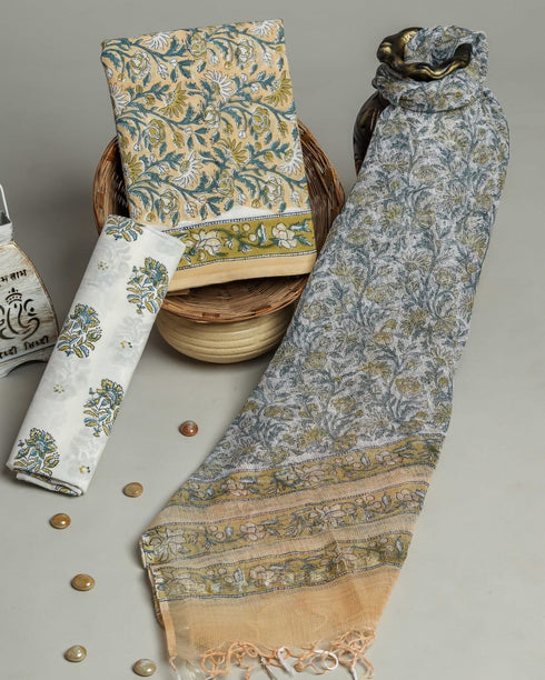 Designer Hand Block Print Cotton Suit Set with Kota Doria Dupatta (3CKD63)